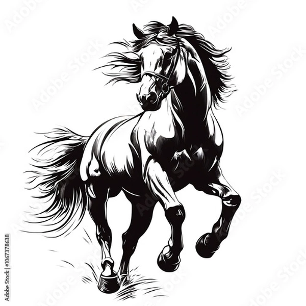 Fototapeta A black and white illustration of a horse running with its mane and tail flowing in the wind.