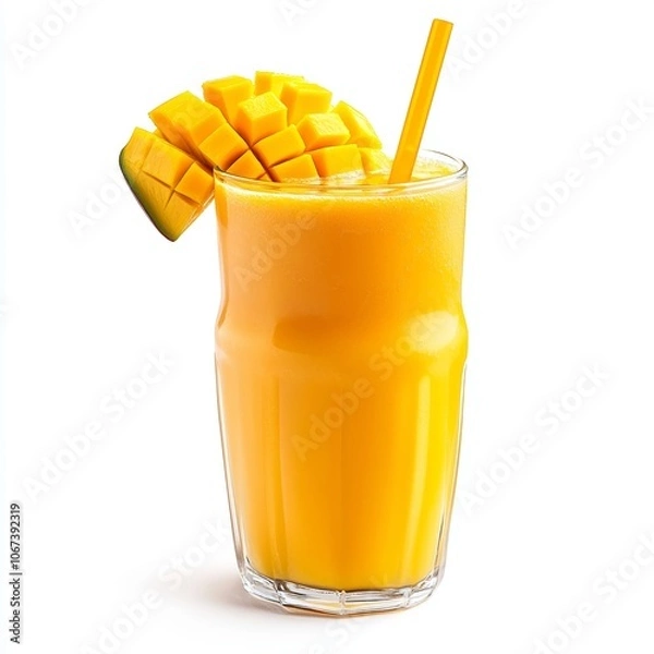 Obraz Refreshing Indonesian Mango or Orange Juice with Fruit Slice and Straw, Isolated on White