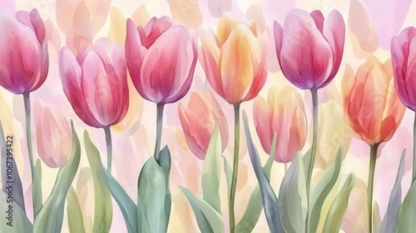 Fototapeta watercolor illustration of vibrant tulips with delicate leaves, seamlessly blending into an elegant floral pattern. soft pastel colors evoke a sense of spring and renewal, perfect for invitations