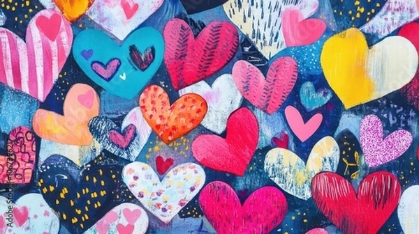 Fototapeta whimsical hearts illustration, vibrant colors and playful patterns, perfect for a valentine's day background, evoking love and affection throughout the design