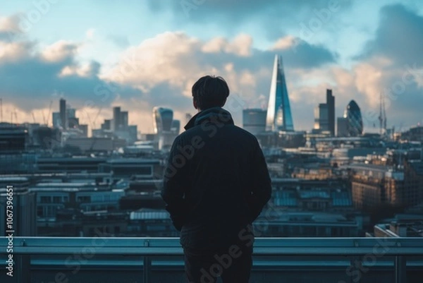 Fototapeta A person stands on a rooftop overlooking a vibrant cityscape. The skyline glistens under the evening sun. It captures the essence of urban life and endless possibilities. Generative AI