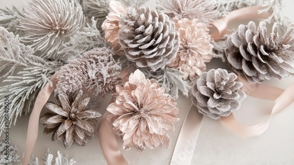 Fototapeta Lightly frosted pinecones in soft silver and blush tones, arranged with delicate ribbons and soft lighting.