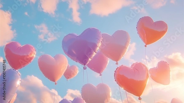 Fototapeta Vibrant heart balloons in pastel colors float against a soft, cloudy sky with gentle sunlight.
