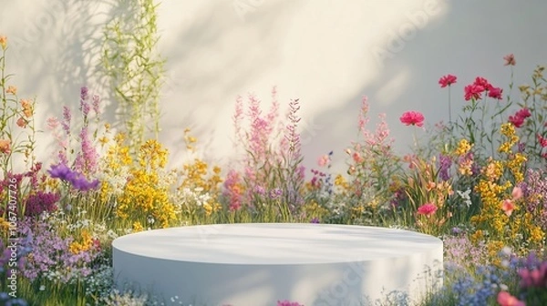 Fototapeta Summer Nature Scene with White Podium. AI generated illustration