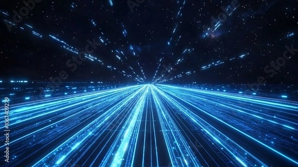 Fototapeta Futuristic Road Under a Starry Sky with Glowing Blue Lines. AI generated illustration