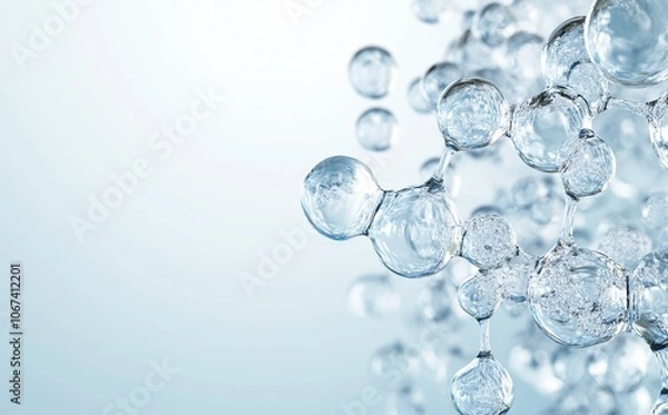 Fototapeta Transparent Water Molecules on Light Blue Background. AI generated illustration