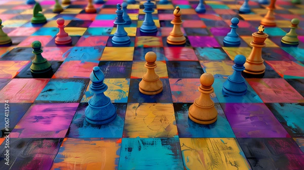 Obraz a vibrant chessboard displaying strategic planning with varied piece placements. generative ai