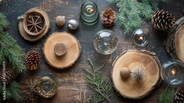 Fototapeta Rustic holiday table setting with natural wood and pine decorations for seasonal gatherings