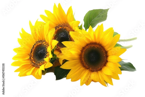 Fototapeta Three yellow sunflowers with green leaves isolated transparent background , for design element, transparent background or isolated on white