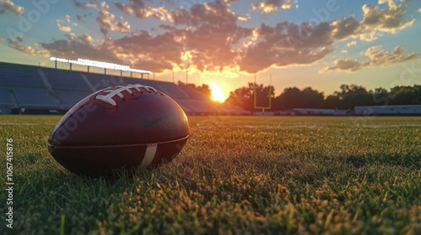 Obraz A football is laying on the grass in front of a sunset