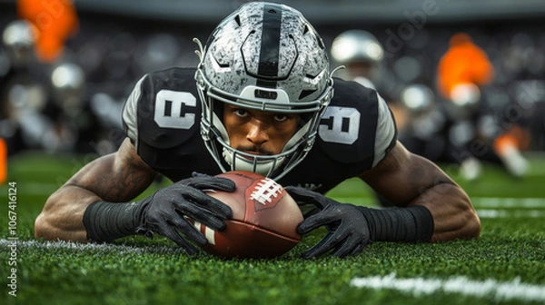 Obraz A football player is laying on the ground with a football in his hands