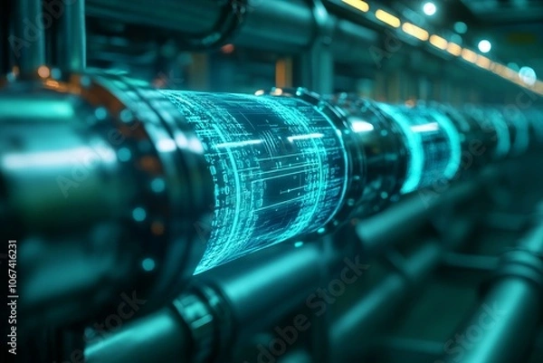 Fototapeta Futuristic Digital Hologram of Industrial Water Pipe System. AI generated illustration