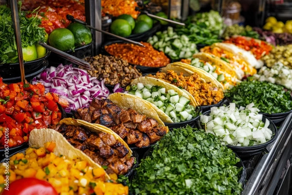 Fototapeta A Panoramic View Of A Lively Food Market Scene With Vendors Preparing Tacos Al Pastor, Showcasing The Juicy Meat On A Vertical Spit And Garnished With Fresh Toppings Like Onions And Cilantro