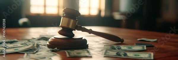 Fototapeta Close-up of a gavel and cash on a table, symbolizing the intersection of justice and business. AI generated illustration