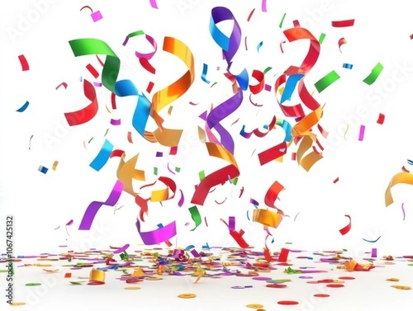 Fototapeta Colorful confetti falling against a white background, symbolizing celebration and joy.