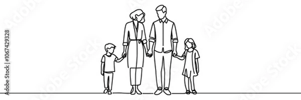 Fototapeta happy family holding hand one line single continuous line art.
