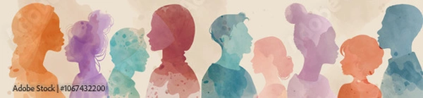 Obraz Side-view Silhouettes of Men and Women from Various Cultures. Multicultural People. Diversity Racial Equality Inclusion concept. Gender Equality. Community. Watercolors