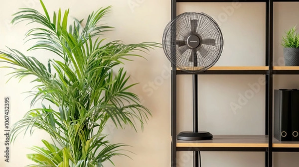 Fototapeta A modern electric fan sits on a shelving unit alongside a houseplant in a cozy home setting. The sleek design of the fan complements the natural greenery on the shelf.