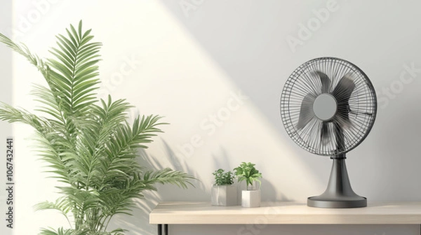 Fototapeta A modern electric fan sits on a shelving unit alongside a houseplant in a cozy home setting. The sleek design of the fan complements the natural greenery on the shelf.