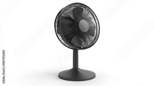 Fototapeta A black stand fan, a floor ventilator, isolated on a white background. This air-cooling device, equipped with rotating blades, functions as a household appliance to provide airflow