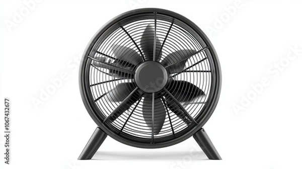 Fototapeta A black stand fan, a floor ventilator, isolated on a white background. This air-cooling device, equipped with rotating blades, functions as a household appliance to provide airflow