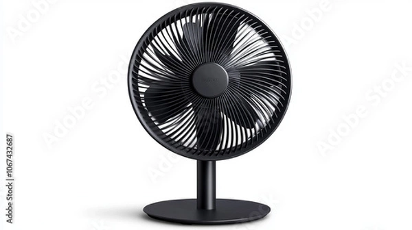 Fototapeta A black stand fan, a floor ventilator, isolated on a white background. This air-cooling device, equipped with rotating blades, functions as a household appliance to provide airflow