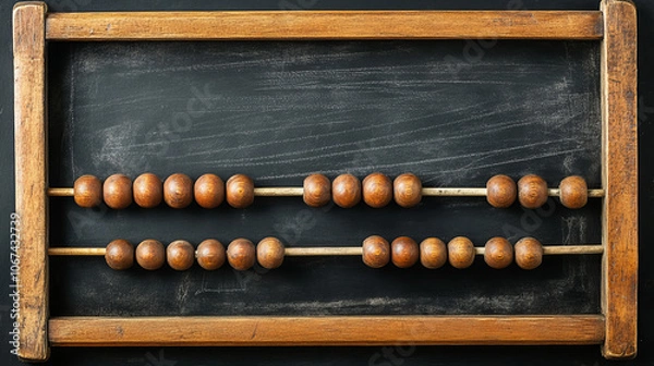 Fototapeta An old, vintage wooden decimal abacus with worn, scratched beads sits on a black chalkboard desktop, leaving space for an inscription in the background. Top view, flat lay.