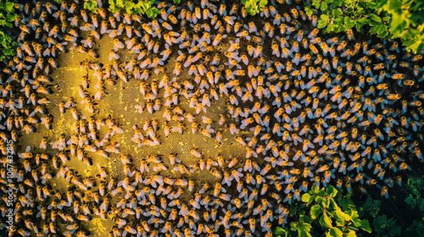 Obraz A top-down view of numerous bees crawling over a golden honeycomb in an apiary, busy at work producing honey. The intricate honeycomb pattern and the movement of the bees capture the vibrant activity 