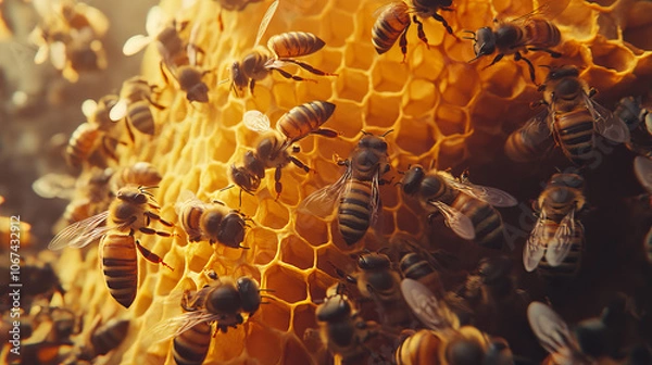 Fototapeta A top-down view of numerous bees crawling over a golden honeycomb in an apiary, busy at work producing honey. The intricate honeycomb pattern and the movement of the bees capture the vibrant activity 