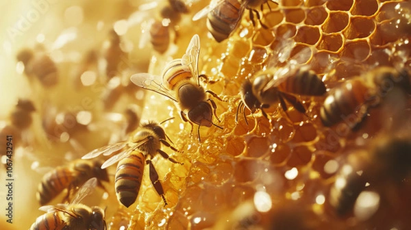 Obraz A top-down view of numerous bees crawling over a golden honeycomb in an apiary, busy at work producing honey. The intricate honeycomb pattern and the movement of the bees capture the vibrant activity 