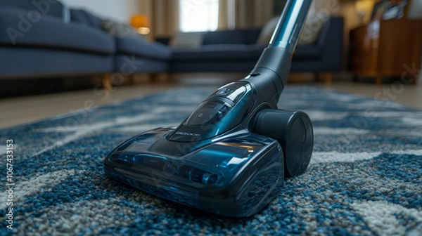 Fototapeta A cordless vacuum cleaner glides over the carpet, capturing dirt with each pass. Close-up view shows its cleaning action in detail.