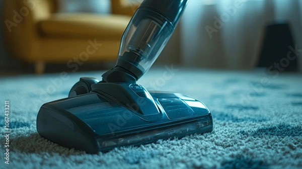 Fototapeta A cordless vacuum cleaner glides over the carpet, capturing dirt with each pass. Close-up view shows its cleaning action in detail.