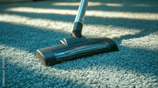 Fototapeta A cordless vacuum cleaner glides over the carpet, capturing dirt with each pass. Close-up view shows its cleaning action in detail.