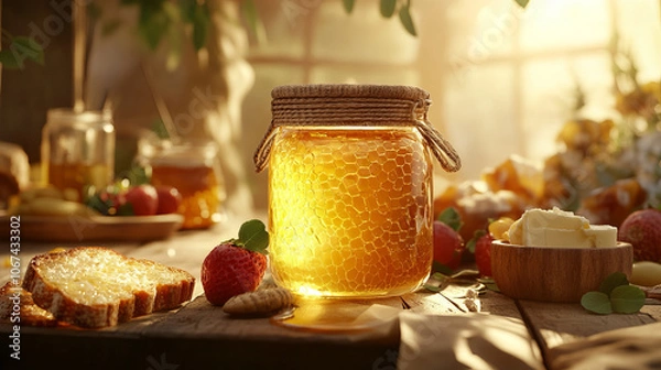 Fototapeta A glass jar of honey with a rustic woven lid sits on a wooden table, surrounded by fresh bread, butter, and fruit. The morning sunlight casts a warm glow on the honey.