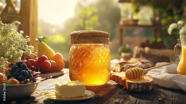 Fototapeta A glass jar of honey with a rustic woven lid sits on a wooden table, surrounded by fresh bread, butter, and fruit. The morning sunlight casts a warm glow on the honey.