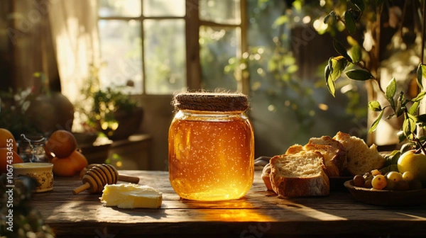 Fototapeta A glass jar of honey with a rustic woven lid sits on a wooden table, surrounded by fresh bread, butter, and fruit. The morning sunlight casts a warm glow on the honey.