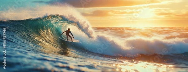 Fototapeta Surfer riding a powerful wave at sunset, with golden light reflecting on the water.