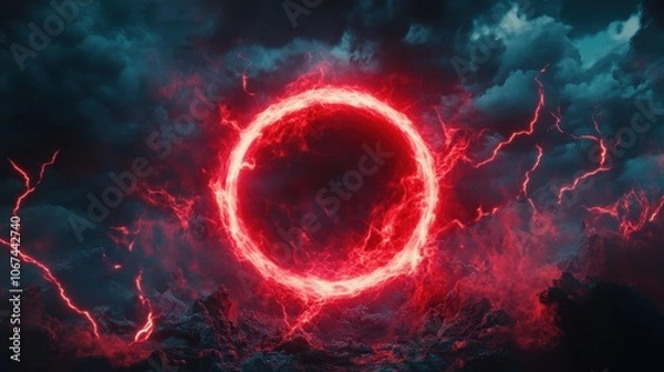 Fototapeta Fiery Red Lightning Circle in Dark Stormy Clouds