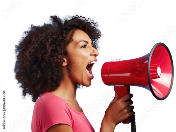 Obraz Angry woman shouting into a megaphone, curly hair, isolated on transparent background