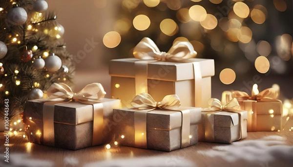 Fototapeta Beautifully wrapped presents under a softly lit Christmas tree, adorned with twinkling lights, creating a festive and warm holiday atmosphere.
