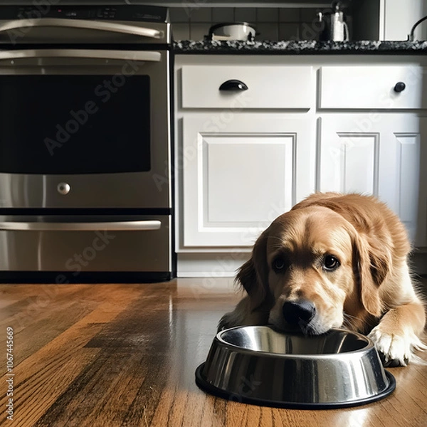 Fototapeta A sad dog in front of an empty food bowl waiting to be fed
