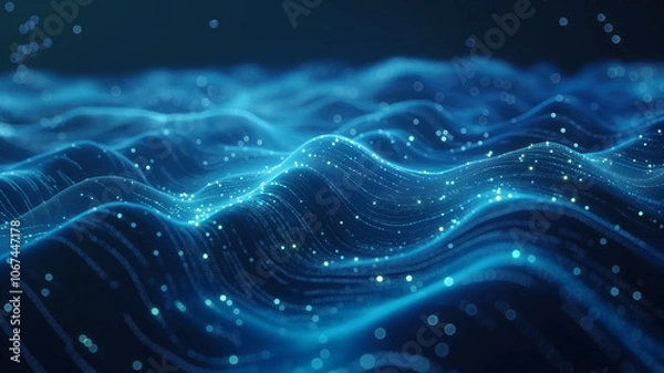 Fototapeta Waves of round small particles flowing smoothly in abstract design. Abstract blue wavy technology network with glowing dots. Modern background for banners, posters and social media. Selective focus