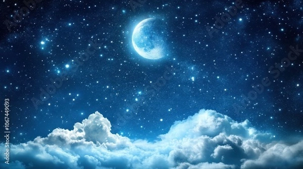 Fototapeta Starry Night Sky with Clouds and Bright Moon