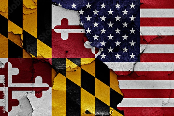 Obraz flags of Maryland and USA painted on cracked wall