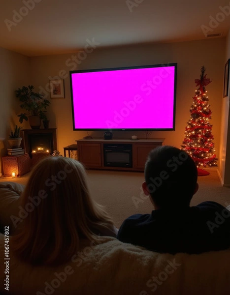 Obraz A couple cozily watches TV from their couch Mockup Blank Screen, basking in the warm glow of Christmas lights that fill the room with festive spirit.
