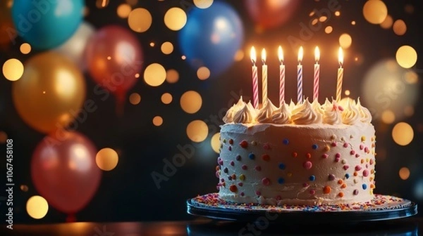 Fototapeta Celebratory birthday cake with candles and vibrant balloons in a dreamy bokeh setting. AI generated illustration