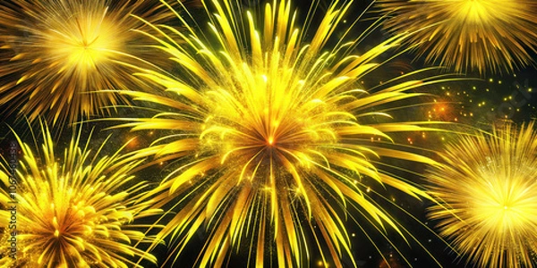 Fototapeta Bright yellow fireworks exploding in chaotic patterns, giving a fairy tale mood