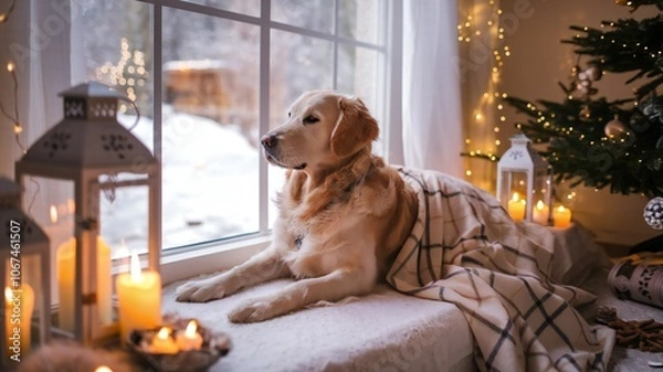 Fototapeta Cozy Golden Retriever Dog by Window with Christmas Lights and Candles
