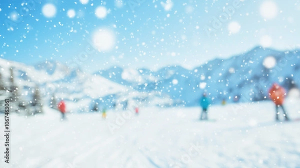 Obraz Blurred snowy landscape with skiers enjoying a peaceful day at a ski resort in winter