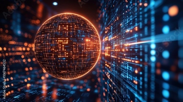 Fototapeta Glowing orb of light is surrounded by a network of blue and orange lines. Concept of technology and innovation, with the glowing orb representing a new idea or invention